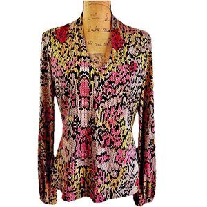 Etcetera Women's Multicolored Zigzag Print Long Sleeve V-Neck Top Blouse  Sz M